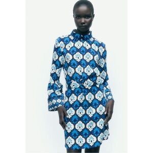 Zara Mod Retro Geometric Print Mini Dress in Ecru/Blue Size S NWT